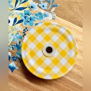New Yellow & White Gingham Mason Jar Style Metal Drink Lid w/ Straw Hole